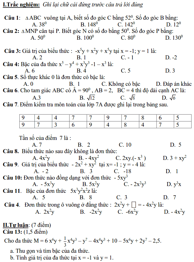 Đề kiểm tra giữa HK2 môn Toán 7 THCS Tiên Hiệp 2018-2019 có đáp án-2