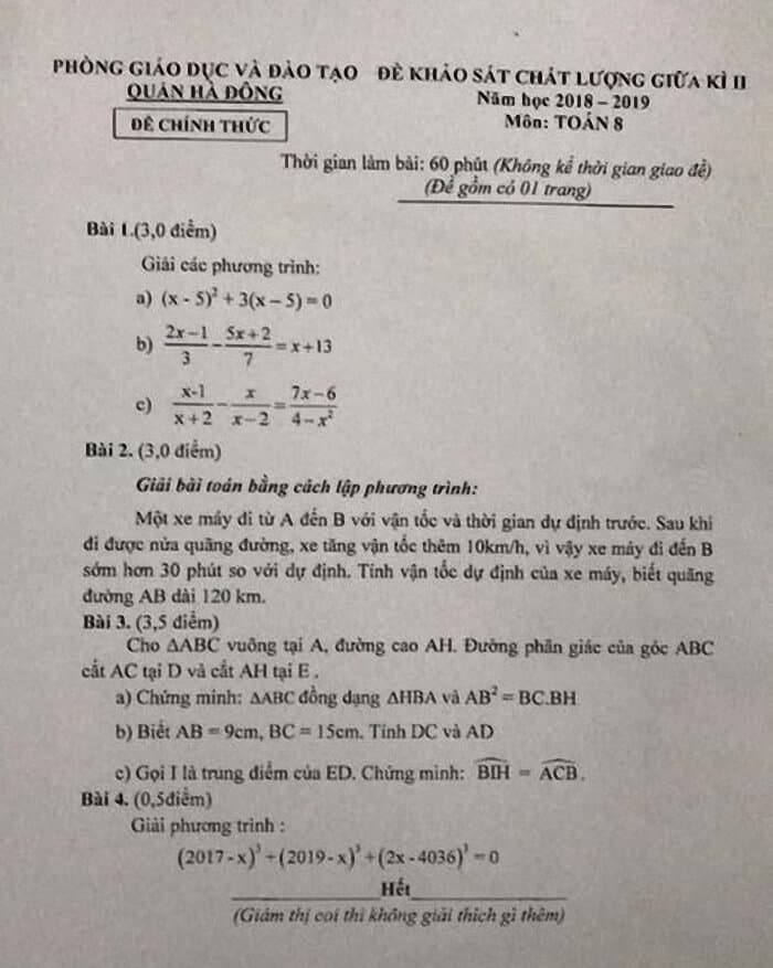 Đề kiểm tra giữa HK2 môn Toán 8 quận Hà Đông 2018-2019
