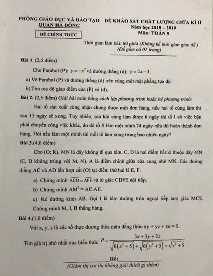 Đề kiểm tra giữa HK2 môn Toán 9 quận Hà Đông 2018-2019
