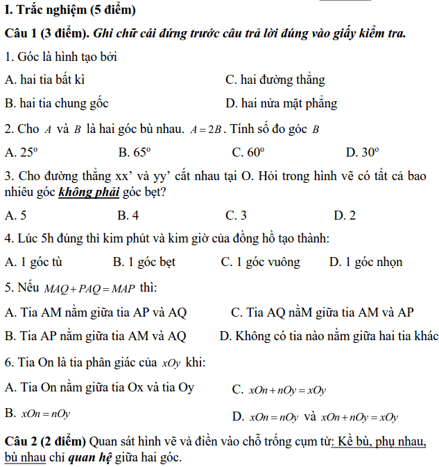 Đề kiểm tra Hình học 6 - Chương II trường THCS Ngô Sĩ Liên 2018-2019