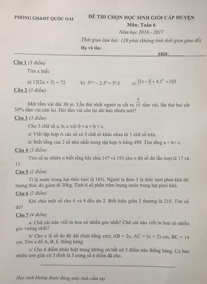 Đề thi HSG môn Toán 6 huyện Quốc Oai năm 2016-2017