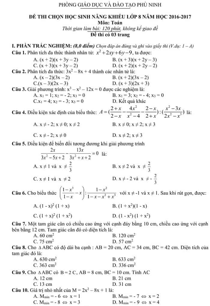 Đề thi HSG môn Toán 8 huyện Phù Ninh 2016-2017 có đáp án