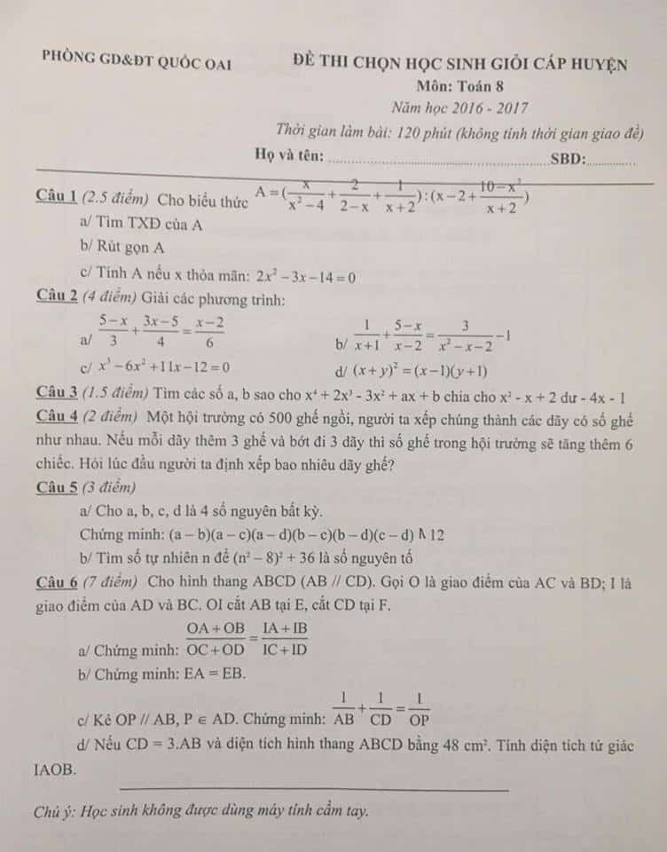 Đề thi HSG môn Toán 8 huyện Quốc Oai năm 2016-2017 có đáp án