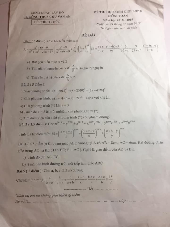 Đề thi HSG môn Toán 8 THCS Chu Văn An 2018-2019