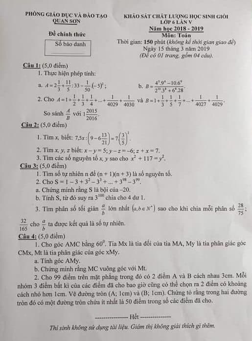 Đề thi HSG Toán 6 huyện Quan Sơn - Thanh Hóa 2018-2019