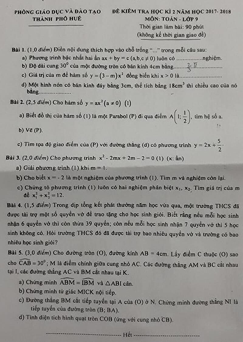 Đề kiểm tra HK2 môn Toán 7 thành phố Huế 2017-2018