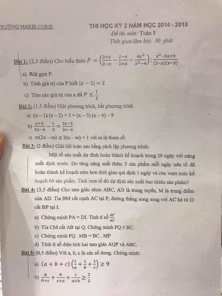 Đề thi HK2 môn Toán 8 trường MARIE CURIE các năm từ 2013-2018-1