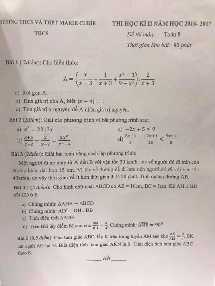 Đề thi HK2 môn Toán 8 trường MARIE CURIE các năm từ 2013-2018-3