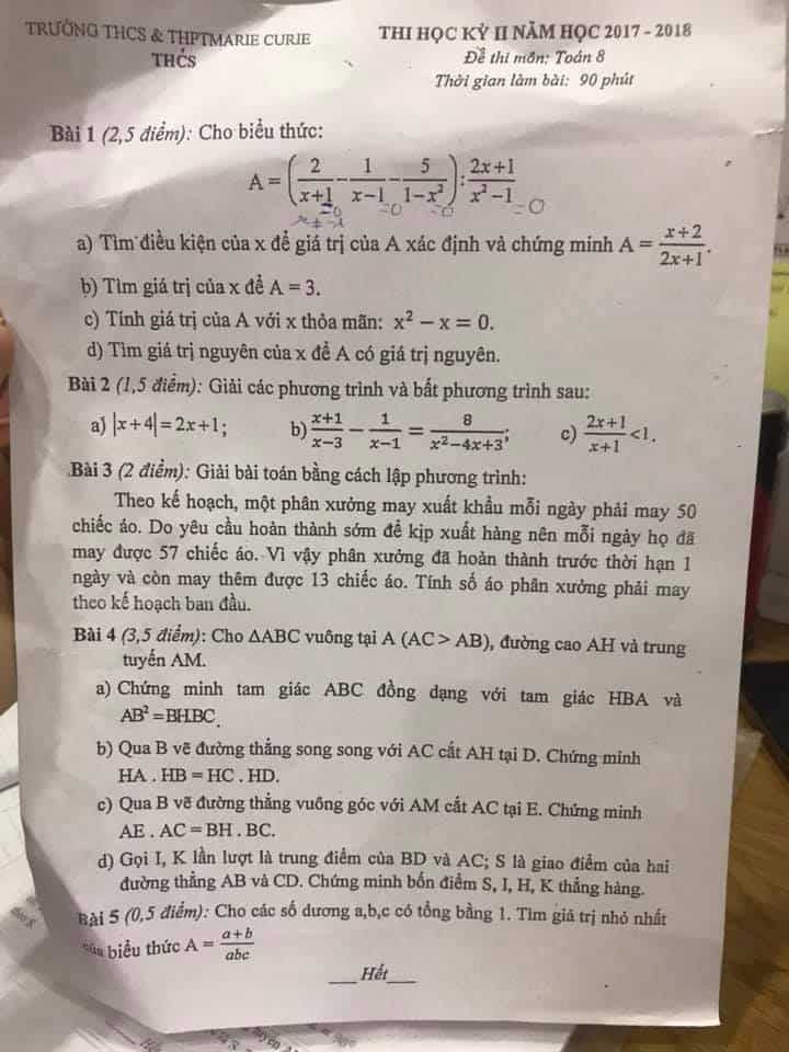 Đề thi HK2 môn Toán 8 trường MARIE CURIE các năm từ 2013-2018-4