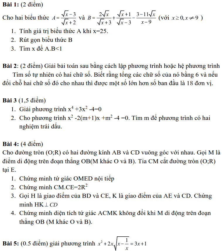 Đề thi HK2 môn Toán 9 huyện Thạch Thất năm 2018-2019 có lời giải