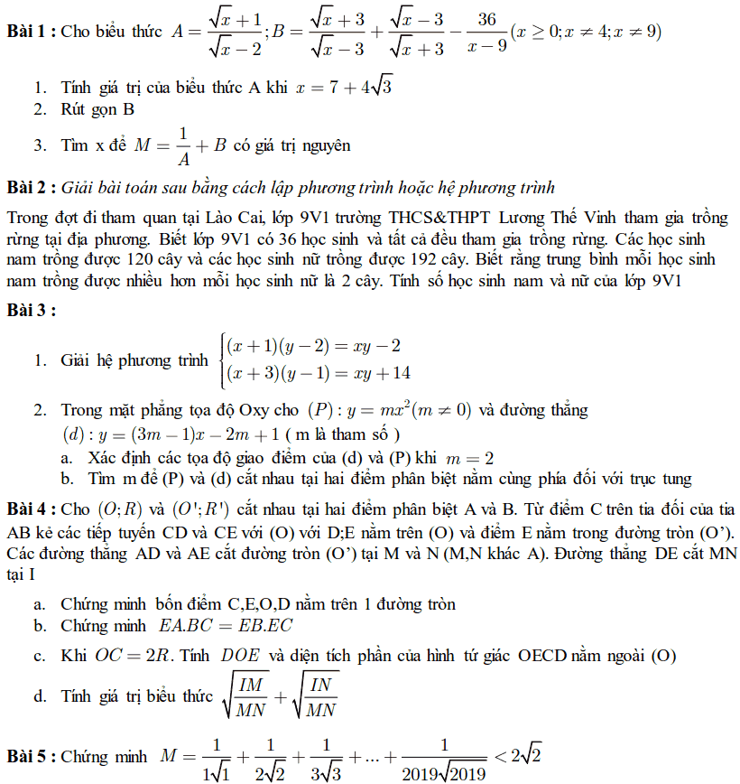 Đề thi HK2 môn Toán 9 THCS Lương Thế Vinh 2018-2019
