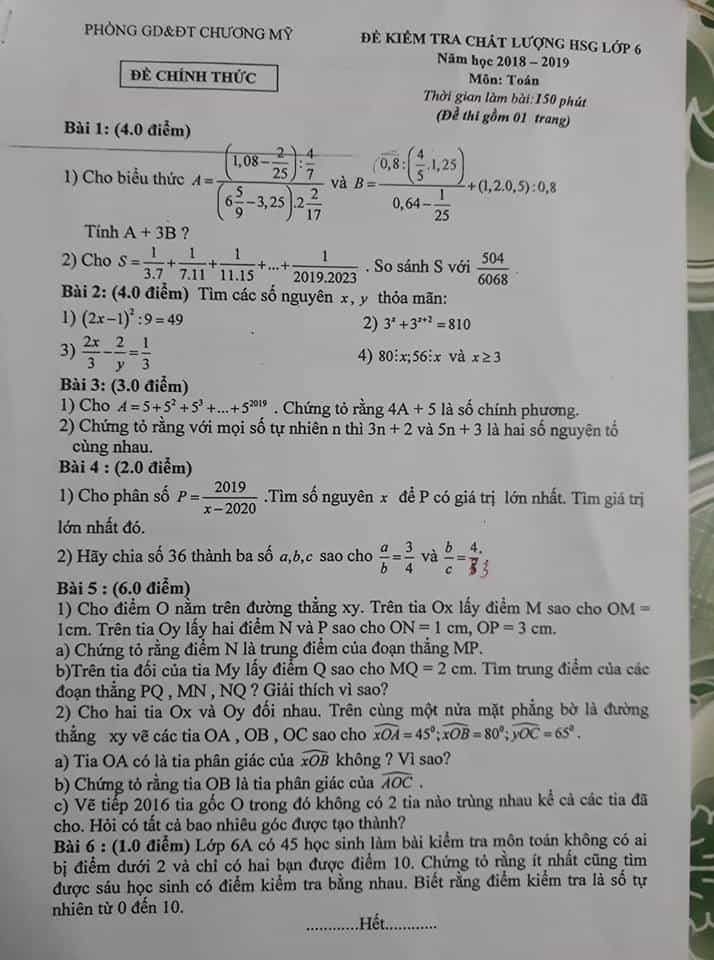 Đề thi HSG môn Toán 6 huyện Chương Mỹ năm 2018-2019