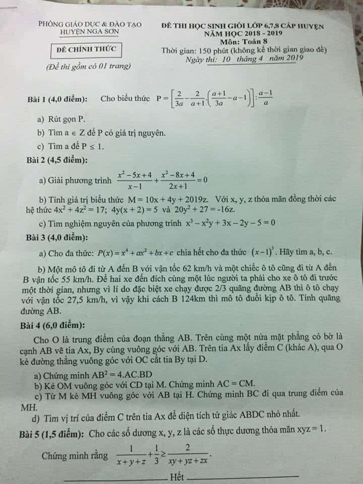 Đề thi HSG môn Toán 8 huyện Nga Sơn năm 2018-2019