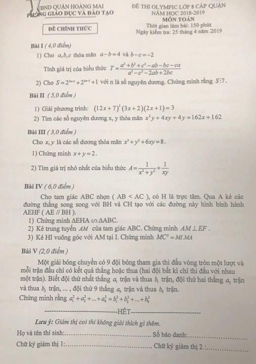 Đề thi HSG Toán 8 quận Hoàng Mai 2018-2019