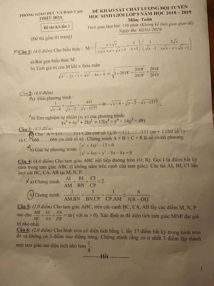 Đề khảo sát HSG môn Toán 9 huyện Thiệu Hóa 2018-2019
