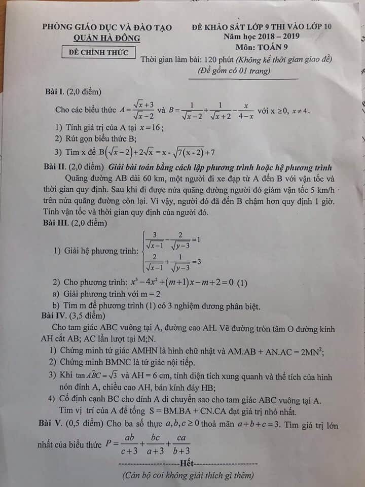Đề khảo sát lớp 9 thi vào 10 môn Toán quận Hà Đông 2018-2019
