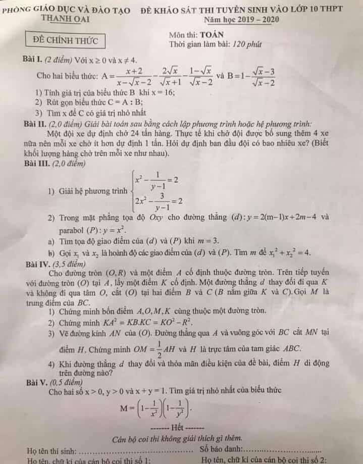 Đề khảo sát thi tuyển sinh vào 10 huyện Thanh Oai 2018-2019
