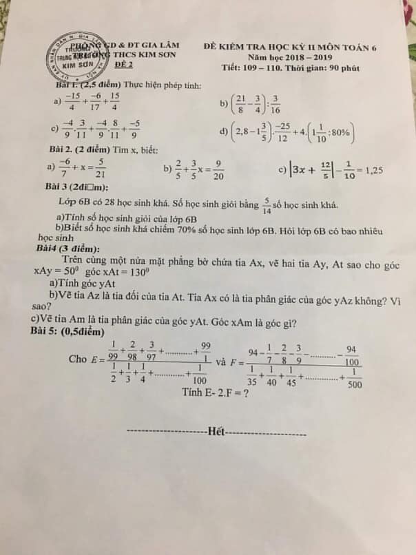 Đề thi HK2 môn Toán 6 THCS Kim Sơn năm 2018-2019