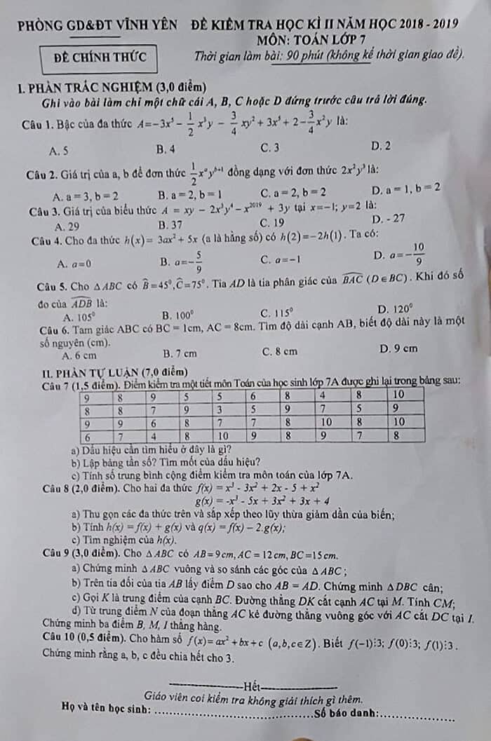 Đề thi HK2 môn Toán 7 huyện Vĩnh Yên năm 2018-2019