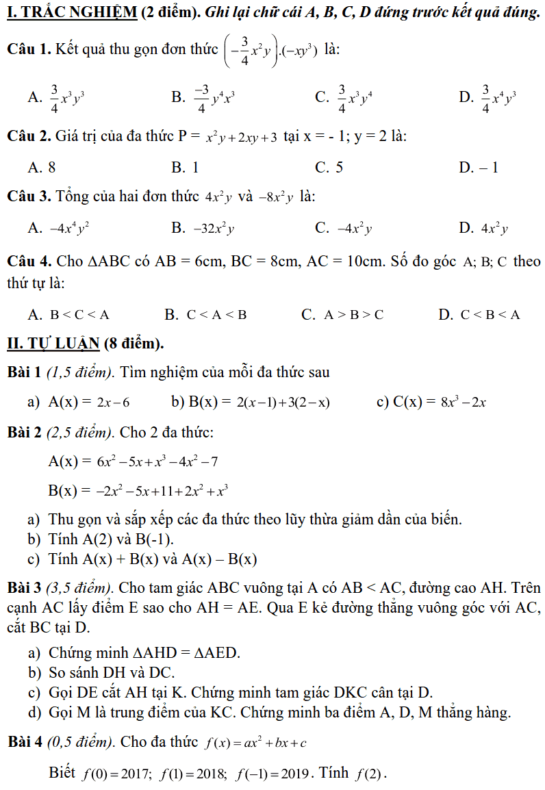 Đề thi HK2 môn Toán 7 THCS Dịch Vọng năm 2018-2019