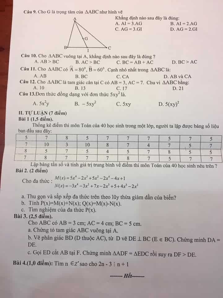 Đề thi HK2 môn Toán 7 THCS Trần Hưng Đạo, Hải Phòng 2018-2019-1
