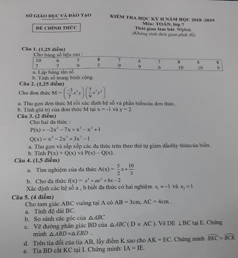 Đề thi HK2 môn Toán 7 tỉnh Bình Dương năm 2018-2019