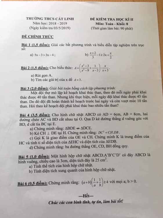 Đề thi HK2 môn Toán 8 THCS Cát Linh năm 2018-2019