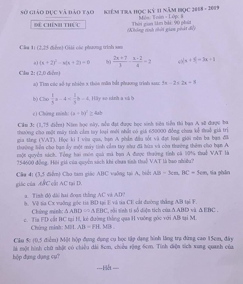 Đề thi HK2 môn Toán 8 tỉnh Bình Dương năm 2018-2019