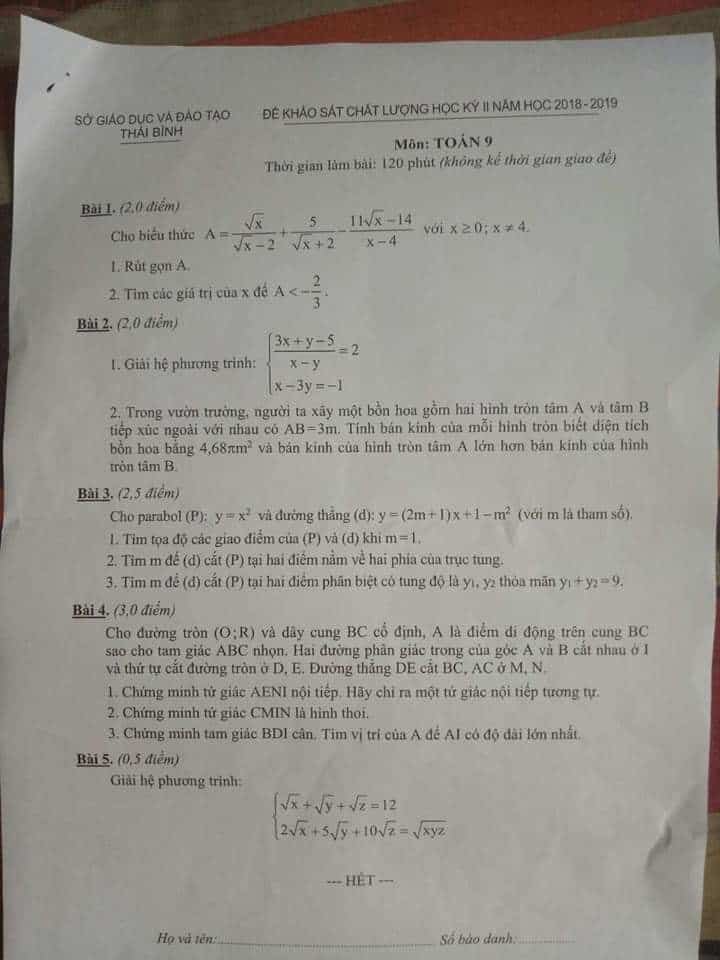 Đề thi HK2 môn Toán 9 tỉnh Thái Bình năm 2018-2019 có đáp án