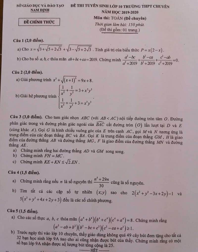 Đề thi môn Toán vào lớp 10 THPT chuyên Nam Định năm 2019-2020-1