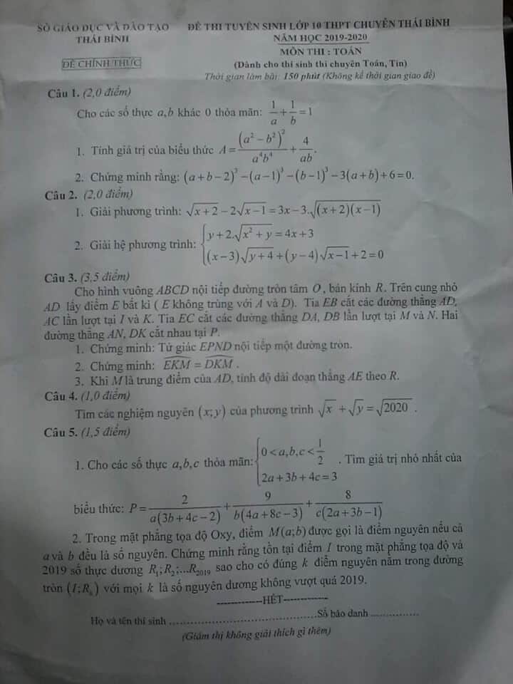 Đề thi môn Toán vào lớp 10 THPT chuyên Thái Bình năm 2019-2020-1