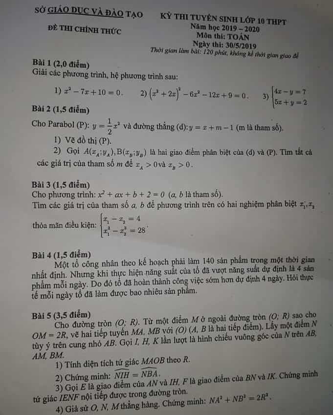Đề thi môn Toán vào lớp 10 THPT tỉnh Bình Dương năm 2019-2020
