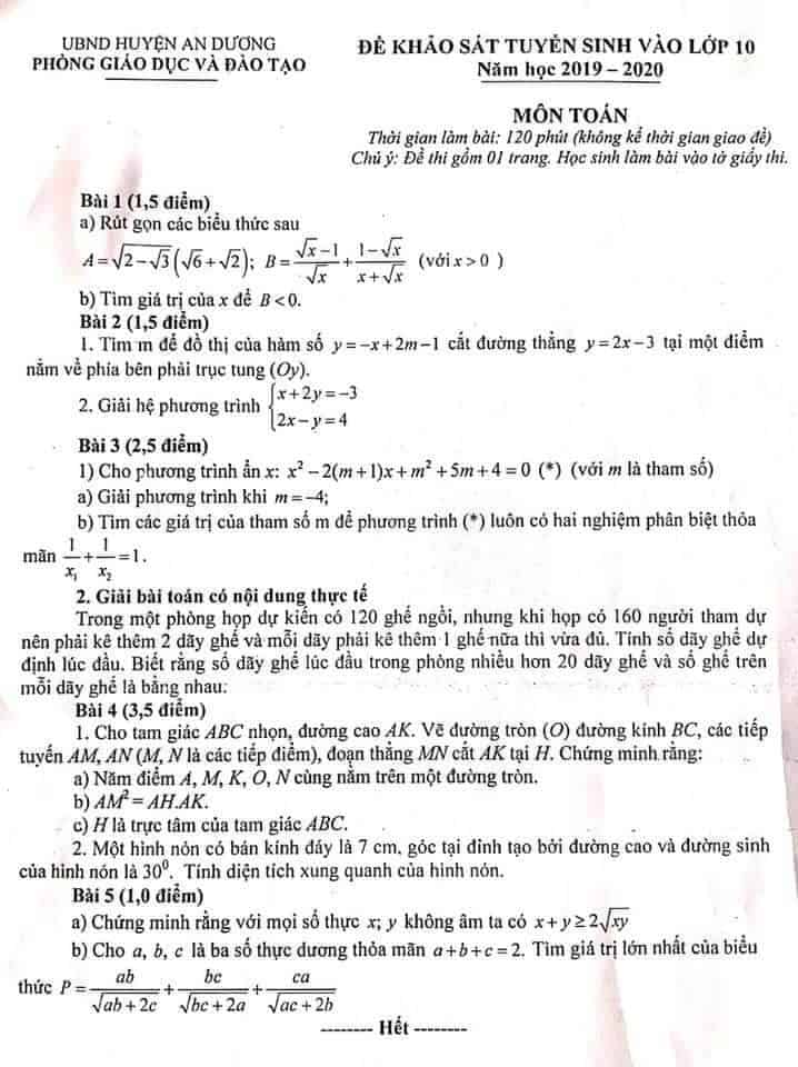 Đề thi thử vào 10 môn Toán huyện An Dương 2018-2019