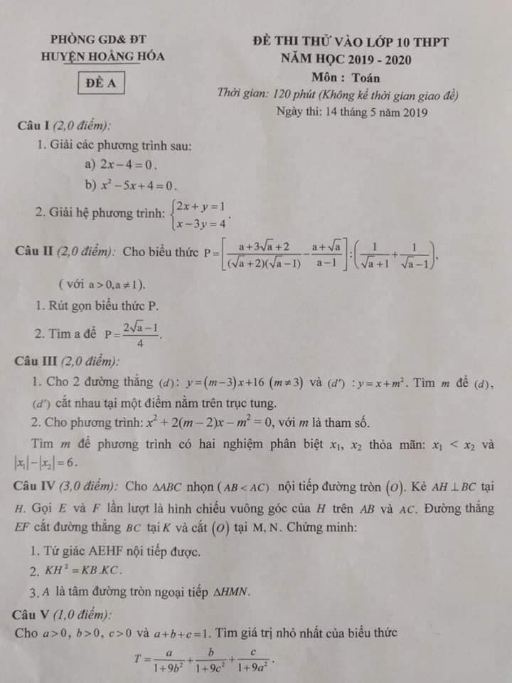 Đề thi thử vào 10 môn Toán huyện Hoằng Hóa 2019-2020