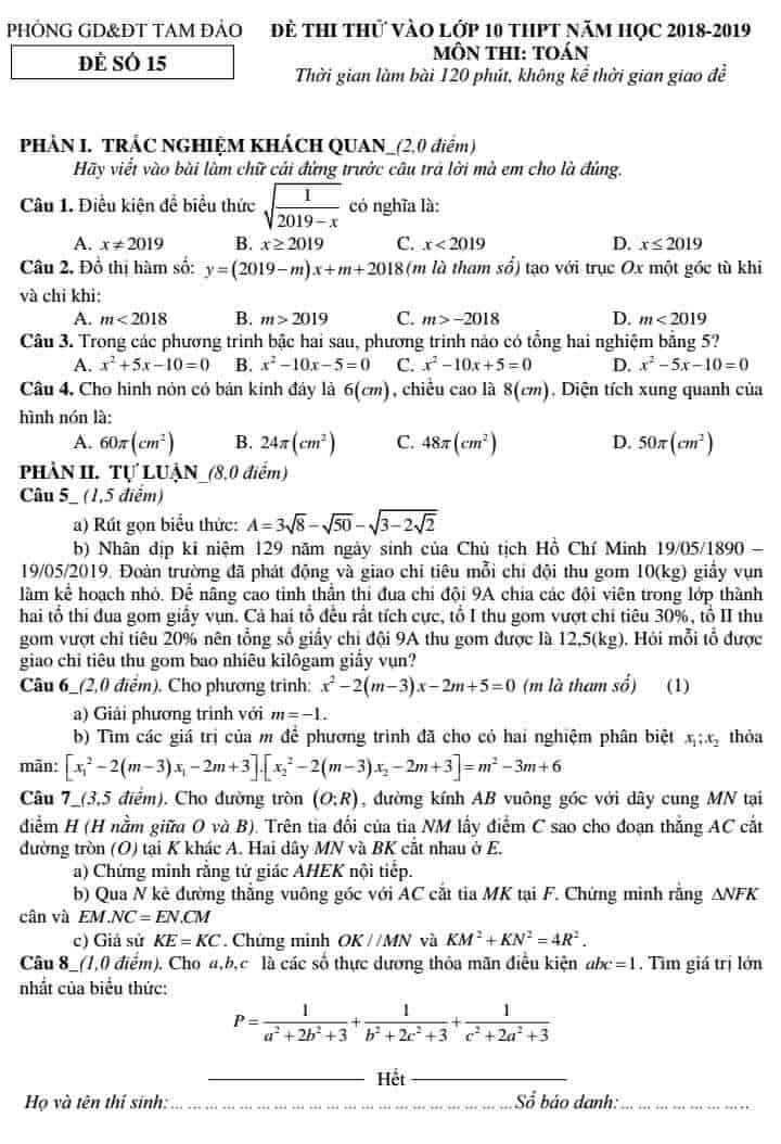 Đề thi thử vào 10 môn Toán huyện Tam Đảo 2019-2020