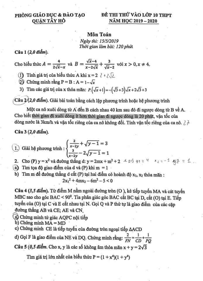 Đề thi thử vào 10 môn Toán quận Tây Hồ 2019-2020