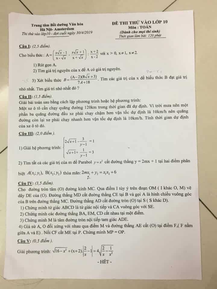 Đề thi thử vào 10 môn Toán TT bồi dưỡng văn hóa Hà Nội - Amsterdam 30/4/2019