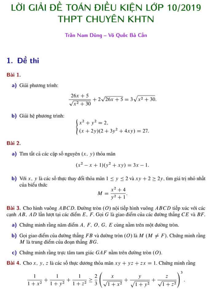 Đề thi Toán vòng 1 vào 10 trường THPT chuyên KHTN năm 2019 có lời giải