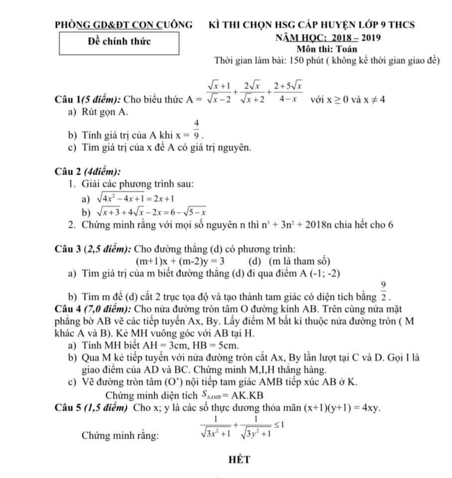 Đề thi HSG môn Toán 9 huyện Con Cuông 2018-2019