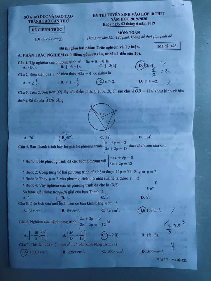 Đề thi môn Toán vào lớp 10 THPT thành phố Cần Thơ năm 2019-2020