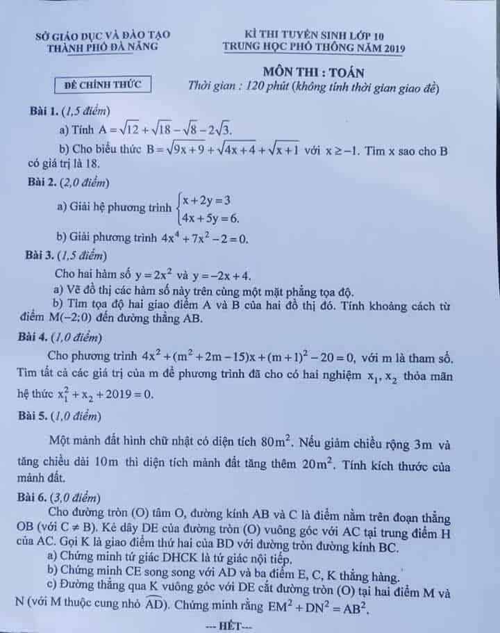 Đề thi môn Toán vào lớp 10 THPT thành phố Đà Nẵng năm 2019-2020