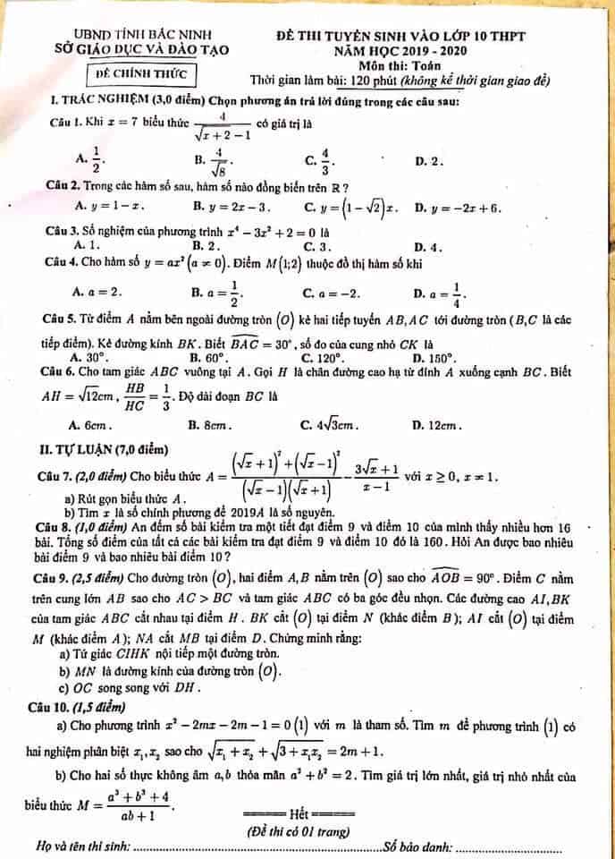 Đề thi môn Toán vào lớp 10 THPT tỉnh Bắc Ninh năm 2019-2020