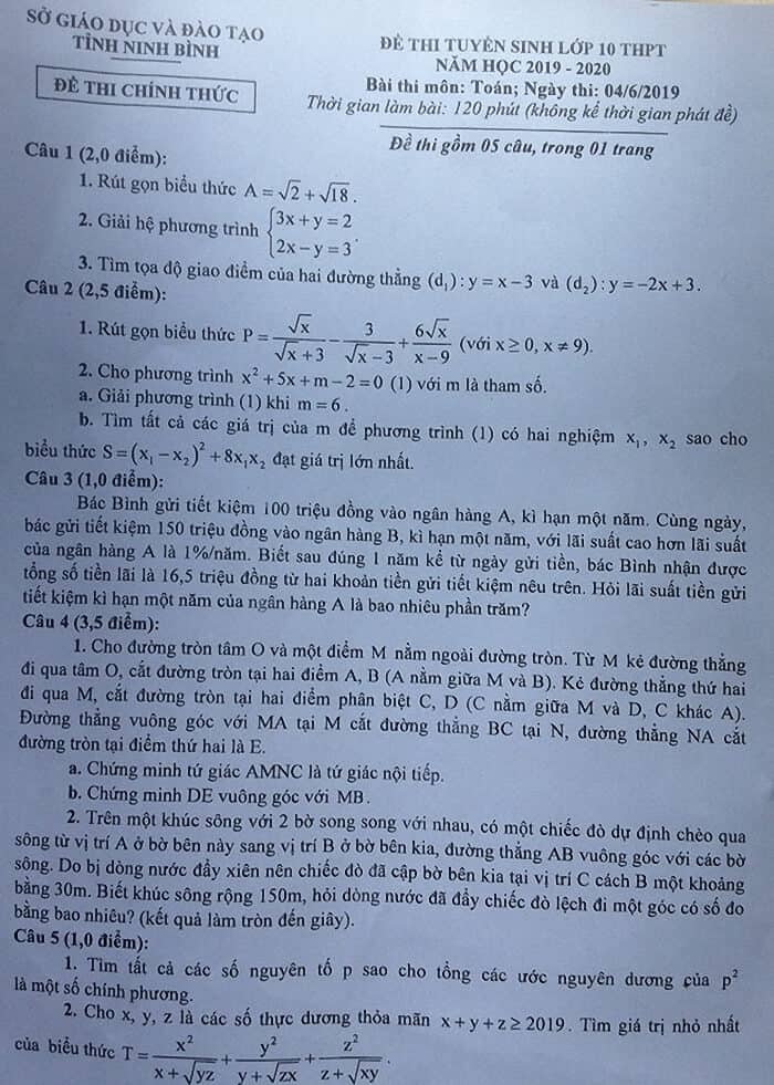 Đề thi môn Toán vào lớp 10 THPT tỉnh Ninh Bình năm 2019-2020