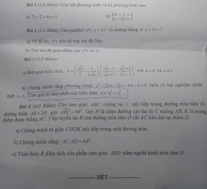 Đề thi môn Toán vào lớp 10 THPT tỉnh Ninh Thuận năm 2019-2020