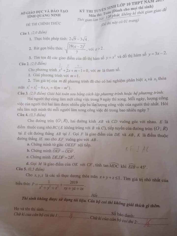 Đề thi môn Toán vào lớp 10 THPT tỉnh Quảng Ninh năm 2019-2020