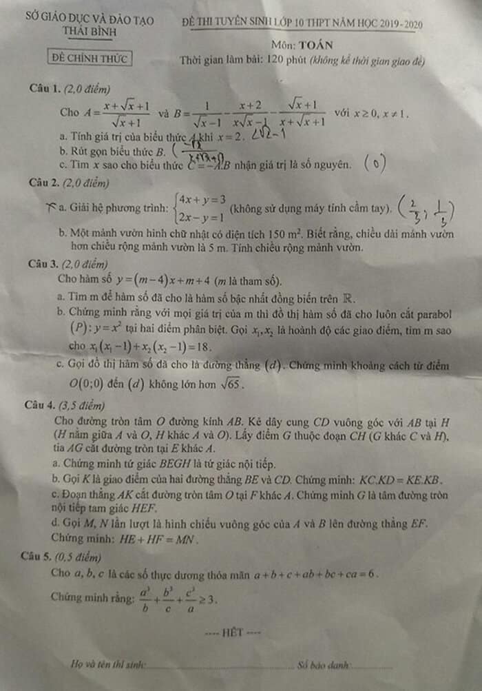 Đề thi môn Toán vào lớp 10 THPT tỉnh Thái Bình năm 2019-2020