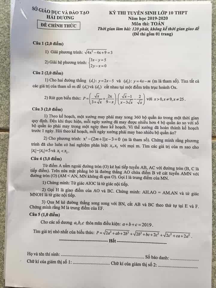 Đề thi Toán vào 10 tỉnh Hải Dương năm 2019-2020 có đáp án