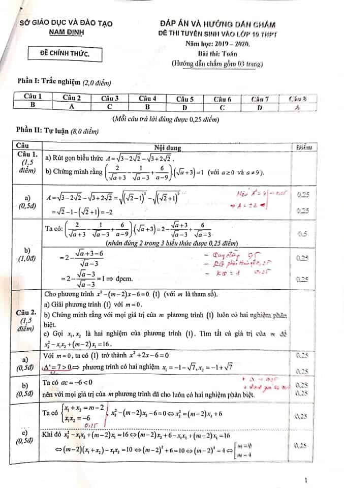 Đề thi vào 10 môn Toán tỉnh Nam Định năm 2019-2020 có đáp án-1