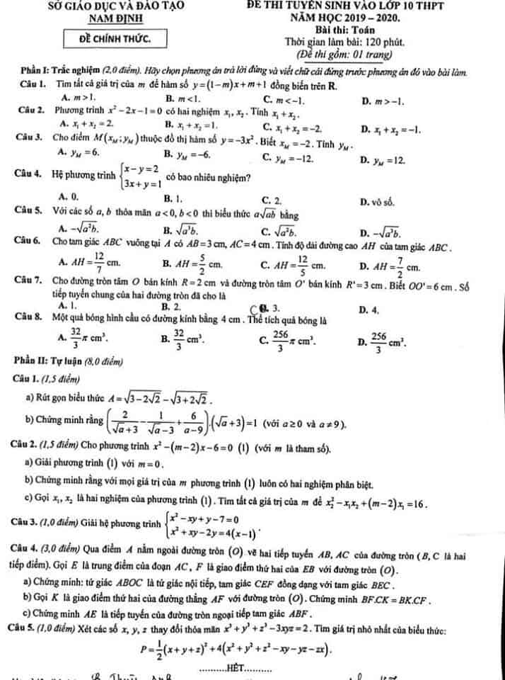 Đề thi vào 10 môn Toán tỉnh Nam Định năm 2019-2020
