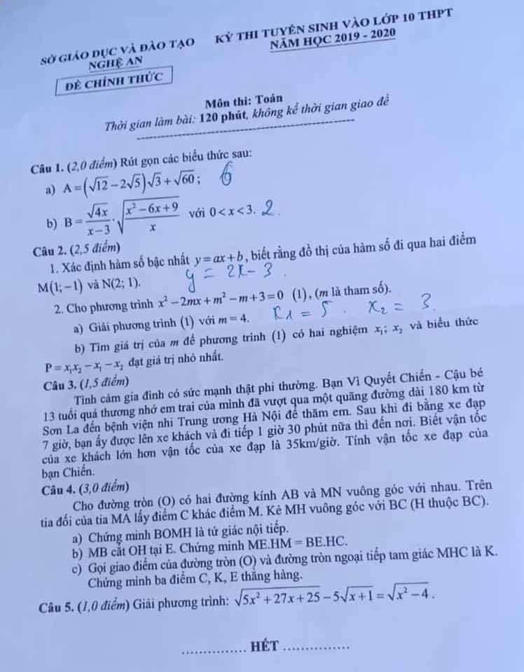 Đề thi vào 10 môn Toán tỉnh Nghệ An năm 2019-2020